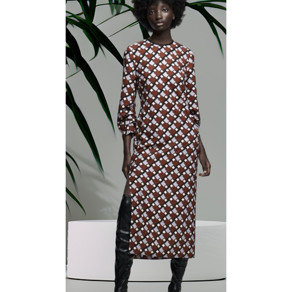 NWT - Zara Geometric Print  Brown, Black Multi Slit Midi Dress Small MSRP $ - Picture 1 of 7